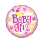 Pink baby girl foil balloon with stars and moon graphic