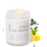 Lit lemon eucalyptus candle in a glass jar with lemon slices