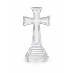 Clear glass cross-shaped decorative stand on a white background