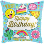 Square blue birthday balloon with emojis, cake, pizza, rainbow and donut graphics