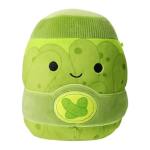 Green plush toy with a smiling face and belt-like band