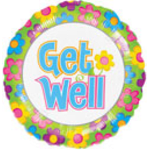 Round balloon with colorful flowers and the words Get Well