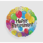 Round balloon reading Happy Retirement with colorful balloons and confetti