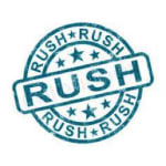 Teal circular stamp graphic with the word RUSH and stars on a white background
