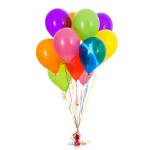 Cluster of colorful helium balloons tied together with curling ribbons