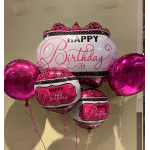 Cluster of pink and white birthday balloons with metallic finishes