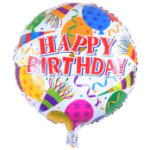 Round birthday balloon with colorful party graphics and "HAPPY BIRTHDAY" text