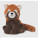 Plush red panda toy sitting on a white background