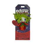 Small voodoo-style comedian doll keychain with bright green hair on a colorful backing card