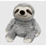 Gray plush sloth toy with a smiling face