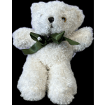 White teddy bear with a dark green ribbon bow