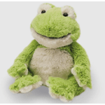 Plush green and cream frog stuffed animal sitting upright