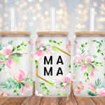 Three clear tumblers with pink floral and butterfly prints, one reading MAMA.