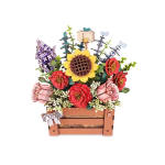 Colorful floral arrangement in a wooden box with paper flowers