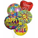 Bouquet of five colorful printed mylar balloons with baby, birthday, love, congrats, and get well messages