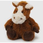 Brown and white plush horse sitting on a white background
