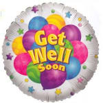 Round balloon with colorful balloons and the words Get Well Soon