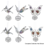 Silver butterfly and hummingbird ornaments with floral accents and message tags