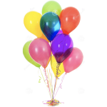 Cluster of colorful helium balloons with curling ribbons