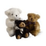 Three teddy bears in white, black, and brown