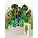 Paper pop-up display of assorted succulents and cacti in a round pot with a matching card.