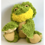 Plush green frog toy with a yellow mouth and beige belly