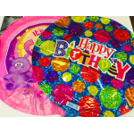 Two colorful birthday balloons with a teddy bear and "Happy Birthday" text