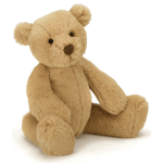 Tan plush teddy bear sitting on a white background