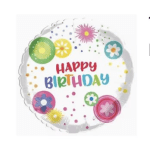 Round birthday balloon with colorful flower graphics and "Happy Birthday" text