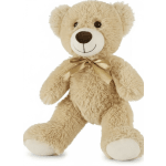 Plush teddy bear with a satin bow on a white background