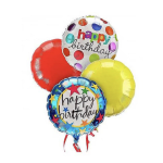 Cluster of colorful happy birthday balloons on a white background