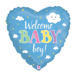 Blue heart-shaped balloon with "Welcome Baby boy!" text and clouds