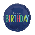 Blue birthday balloon with multicolored text