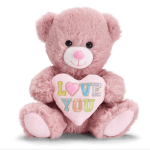 Pink teddy bear holding a heart that says "LOVE YOU"