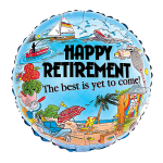 Round blue retirement balloon with beach and travel illustrations