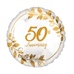 Round white balloon with gold "50th Anniversary" lettering and leaf border