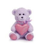 Lavender teddy bear holding a pink heart