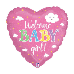 Pink heart-shaped balloon reading "Welcome Baby girl!"