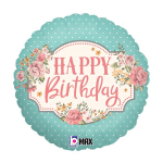 Round teal polka dot Happy Birthday balloon with pink floral accents