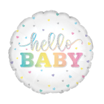 Round white balloon with "hello BABY" text and pastel hearts