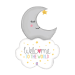 Moon-shaped balloon above a cloud balloon reading "Welcome to the World"