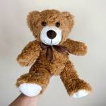 Brown teddy bear with a ribbon bow held up against a plain background