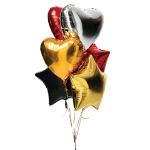 Cluster of metallic heart and star-shaped balloons in red, gold, black, and silver