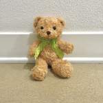 Small teddy bear with a green ribbon around its neck