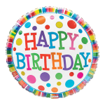 Round foil balloon with colorful HAPPY BIRTHDAY text and multicolor dots
