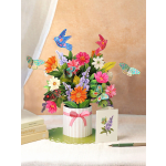 Colorful paper pop-up bouquet with birds and butterflies in a striped container and matching card.