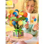 Birthday pop-up card with colorful balloons and a gift box