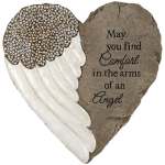 Heart-shaped memorial plaque with angel wing and comfort message