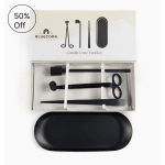 Candle care tool kit in a box with black tools and tray