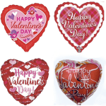 Four heart-shaped Valentine's Day balloons with pink and red designs
